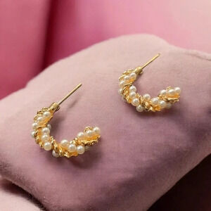Gold Plated Faux Pearl Braided Hoop Earrings